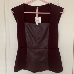 NWT Bailey 44 Burgundy Faux Leather Peplum Top Size S Stretch Panel
